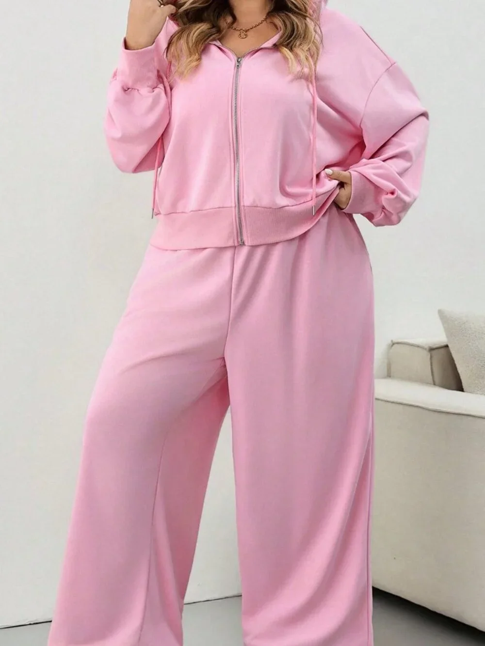 Pink Casual Women's Loose Hooded Zip-Up Drawstring Pocket Cropped Sweatpants Set